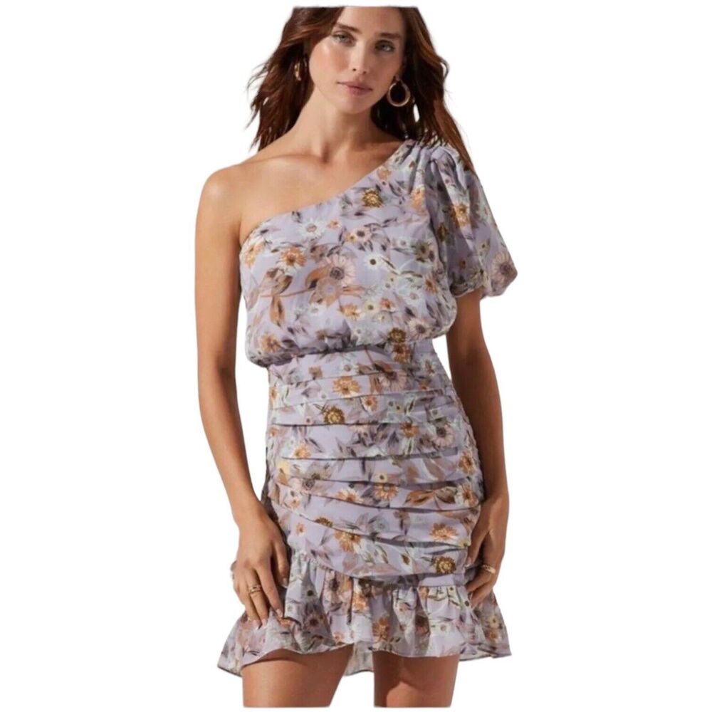 ASTR The Label Periwinkle Multi‎ Floral Ruffled One Shoulder Dress Medium